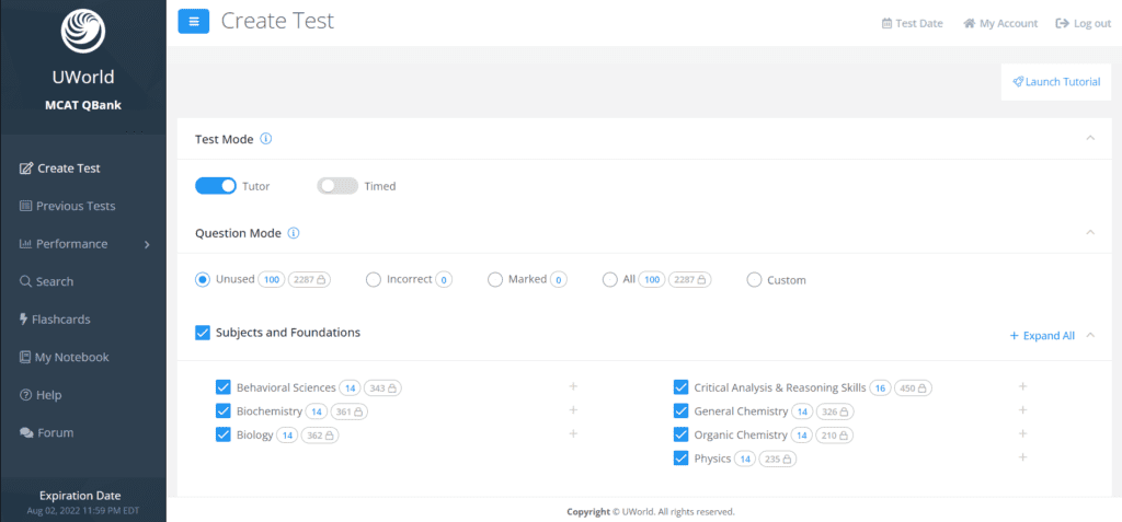 UWorld MCAT Interface