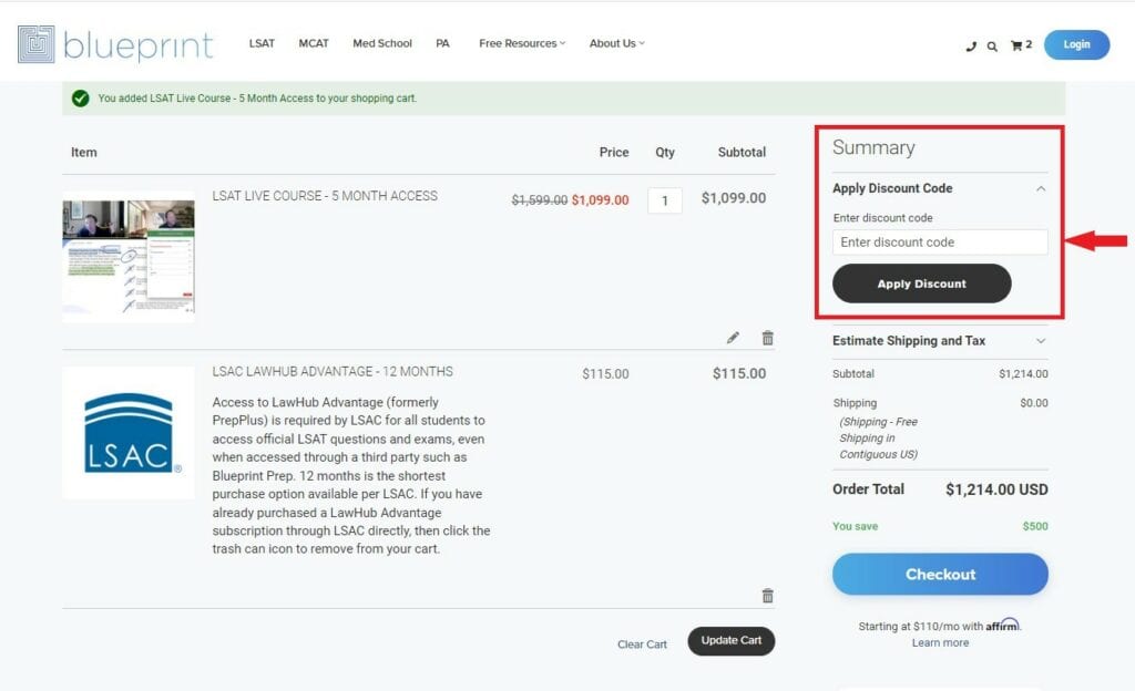 Redeeming A Blueprint LSAT Discount Code