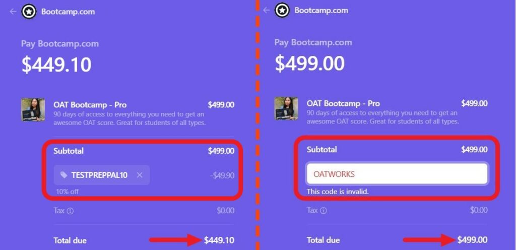 OAT Bootcamp Valid Vs. Invalid Discount Codes